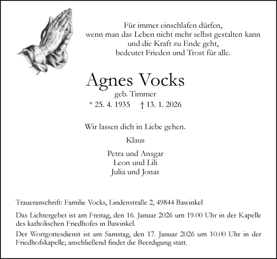 Traueranzeige von Agnes Vocks von Neue Osnabrücker Zeitung GmbH & Co. KG