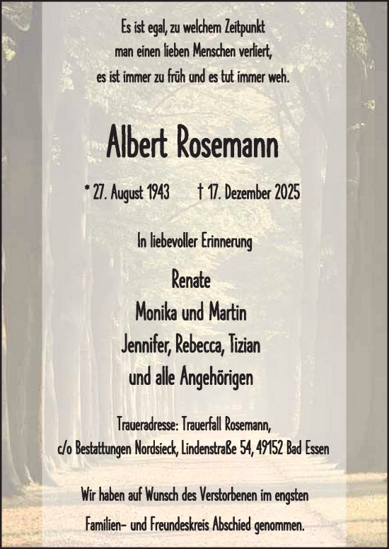 Traueranzeige von Albert Rosemann von Neue Osnabrücker Zeitung GmbH & Co. KG