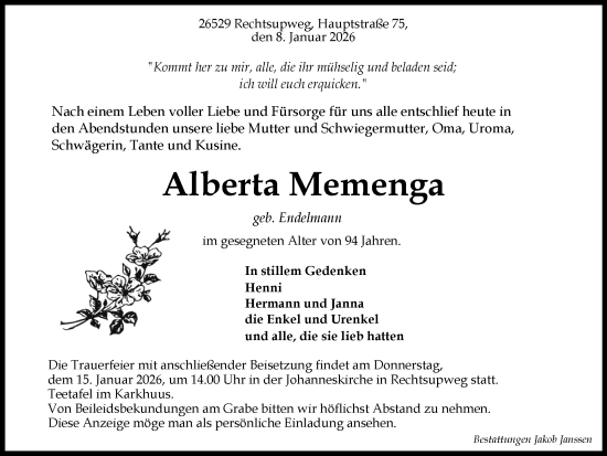 Traueranzeige von Alberta Memenga von Ostfriesischer Kurier GmbH