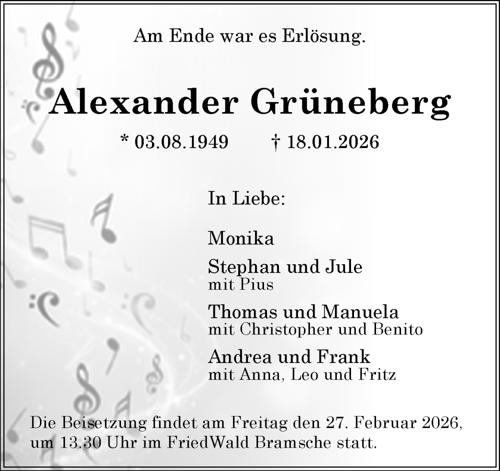  Traueranzeige für Alexander Grüneberg vom 24.01.2026 aus Neue Osnabrücker Zeitung GmbH & Co. KG