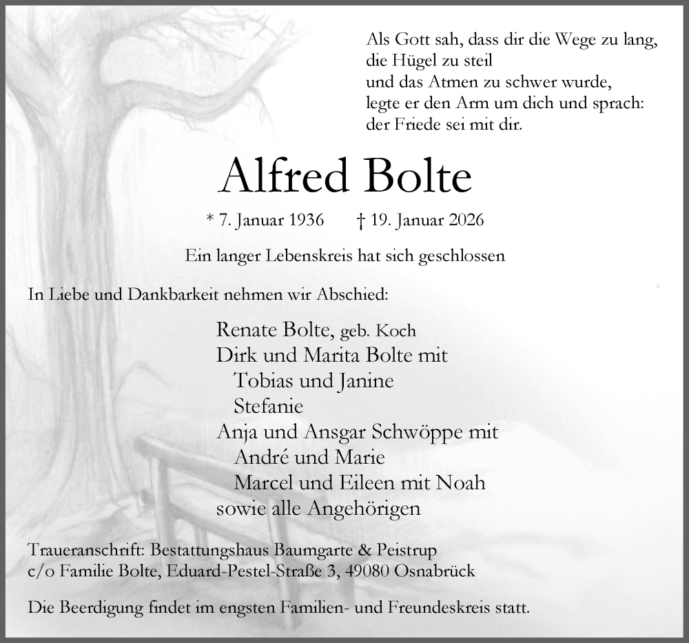  Traueranzeige für Alfred Bolte vom 24.01.2026 aus Neue Osnabrücker Zeitung GmbH & Co. KG