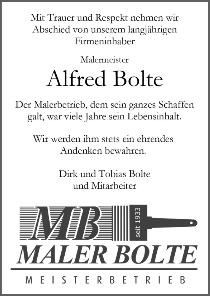  Traueranzeige für Alfred Bolte vom 24.01.2026 aus Neue Osnabrücker Zeitung GmbH & Co. KG