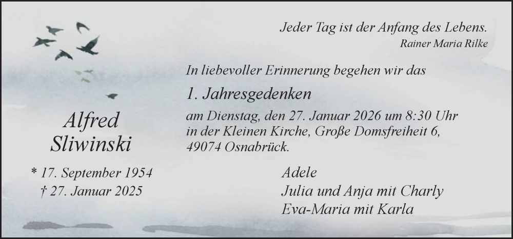  Traueranzeige für Alfred Sliwinski vom 24.01.2026 aus Neue Osnabrücker Zeitung GmbH & Co. KG