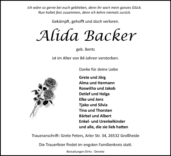 Traueranzeige von Alida Backer von Ostfriesischer Kurier GmbH