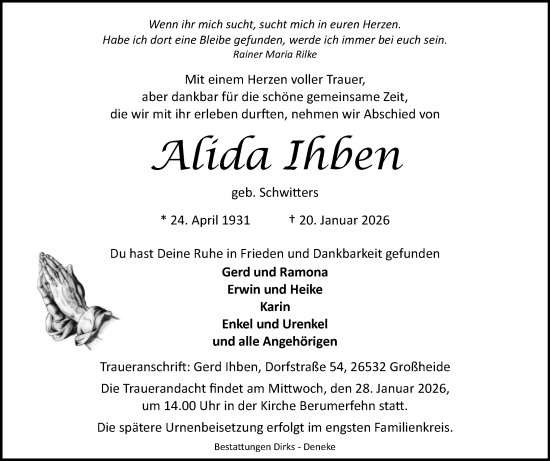 Traueranzeige von Alida Ihben von Ostfriesischer Kurier / Norderneyer Badezeitung