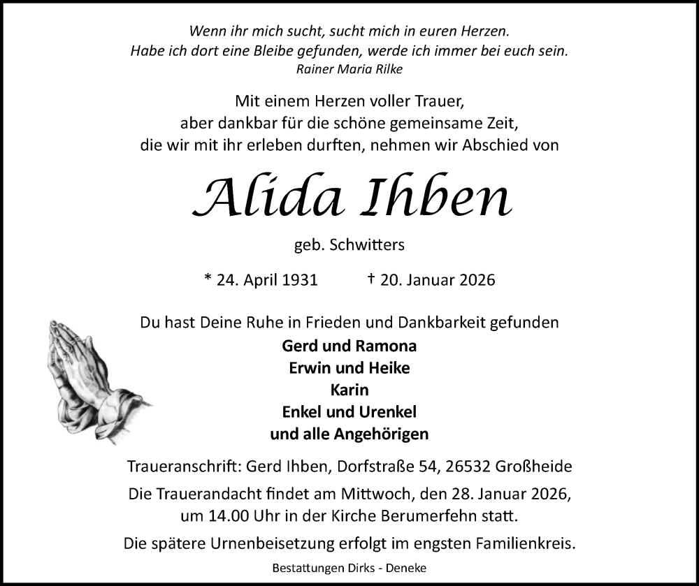  Traueranzeige für Alida Ihben vom 24.01.2026 aus Ostfriesischer Kurier GmbH