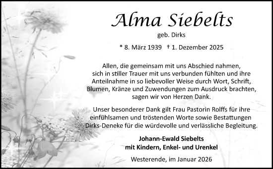 Traueranzeige von Alma Siebelts von Ostfriesischer Kurier GmbH