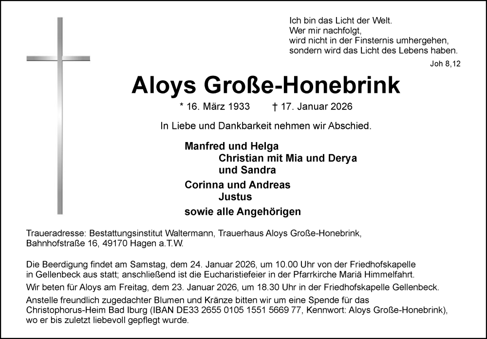  Traueranzeige für Aloys Große-Honebrink vom 21.01.2026 aus Neue Osnabrücker Zeitung GmbH & Co. KG