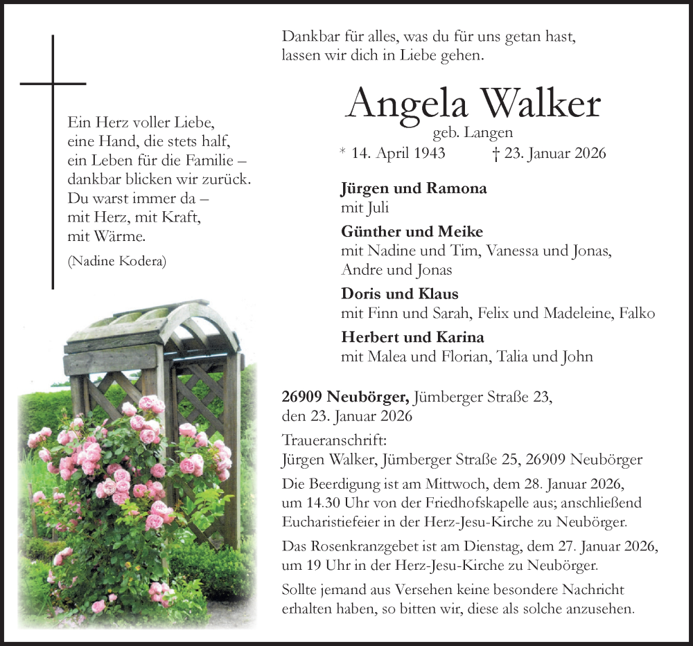  Traueranzeige für Angela Walker vom 26.01.2026 aus Neue Osnabrücker Zeitung GmbH & Co. KG