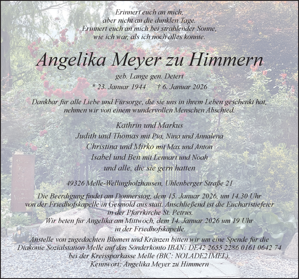  Traueranzeige für Angelika Meyer zu Himmern vom 10.01.2026 aus Neue Osnabrücker Zeitung GmbH & Co. KG