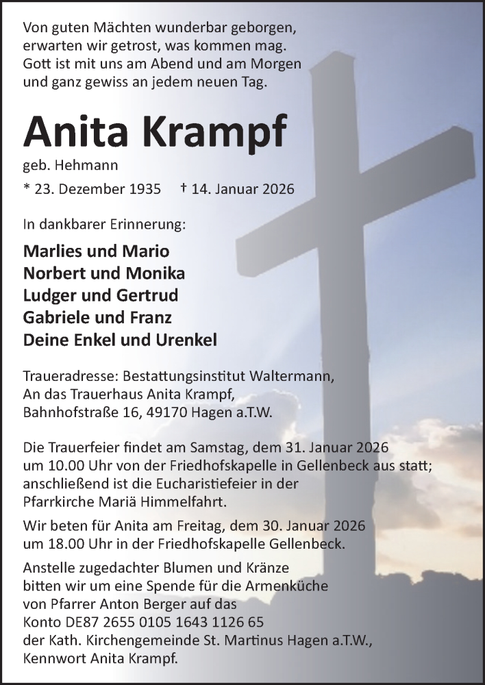  Traueranzeige für Anita Krampf vom 24.01.2026 aus Neue Osnabrücker Zeitung GmbH & Co. KG