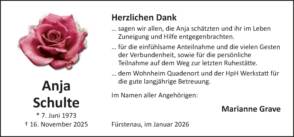  Traueranzeige für Anja Schulte vom 03.01.2026 aus Neue Osnabrücker Zeitung GmbH & Co. KG