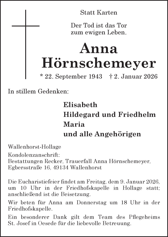  Traueranzeige für Anna Hörnschemeyer vom 07.01.2026 aus Neue Osnabrücker Zeitung GmbH & Co. KG