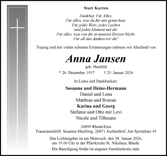 Traueranzeige von Anna Jansen von Neue Osnabrücker Zeitung GmbH & Co. KG