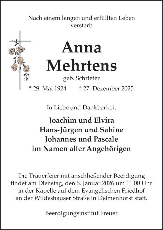 Traueranzeige von Anna Mehrtens von DK Medien GmbH & Co. KG