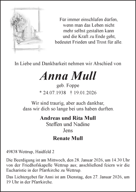 Traueranzeige von Anna Mull von Neue Osnabrücker Zeitung GmbH & Co. KG