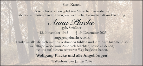 Traueranzeige von Anna Placke von Neue Osnabrücker Zeitung GmbH & Co. KG