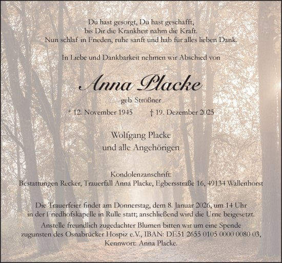 Traueranzeige von Anna Placke von Neue Osnabrücker Zeitung GmbH & Co. KG