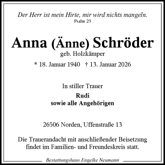 Traueranzeige von Anna Schröder von Ostfriesischer Kurier GmbH