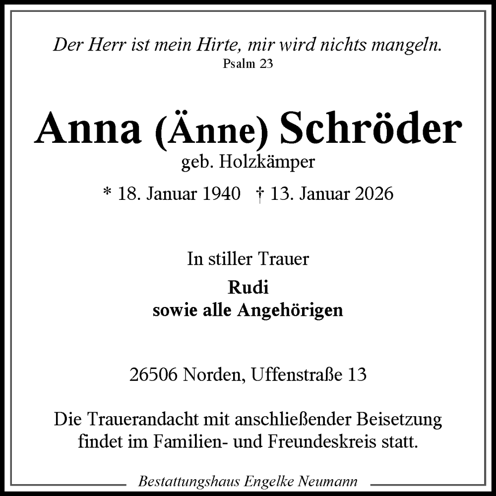  Traueranzeige für Anna Schröder vom 17.01.2026 aus Ostfriesischer Kurier GmbH
