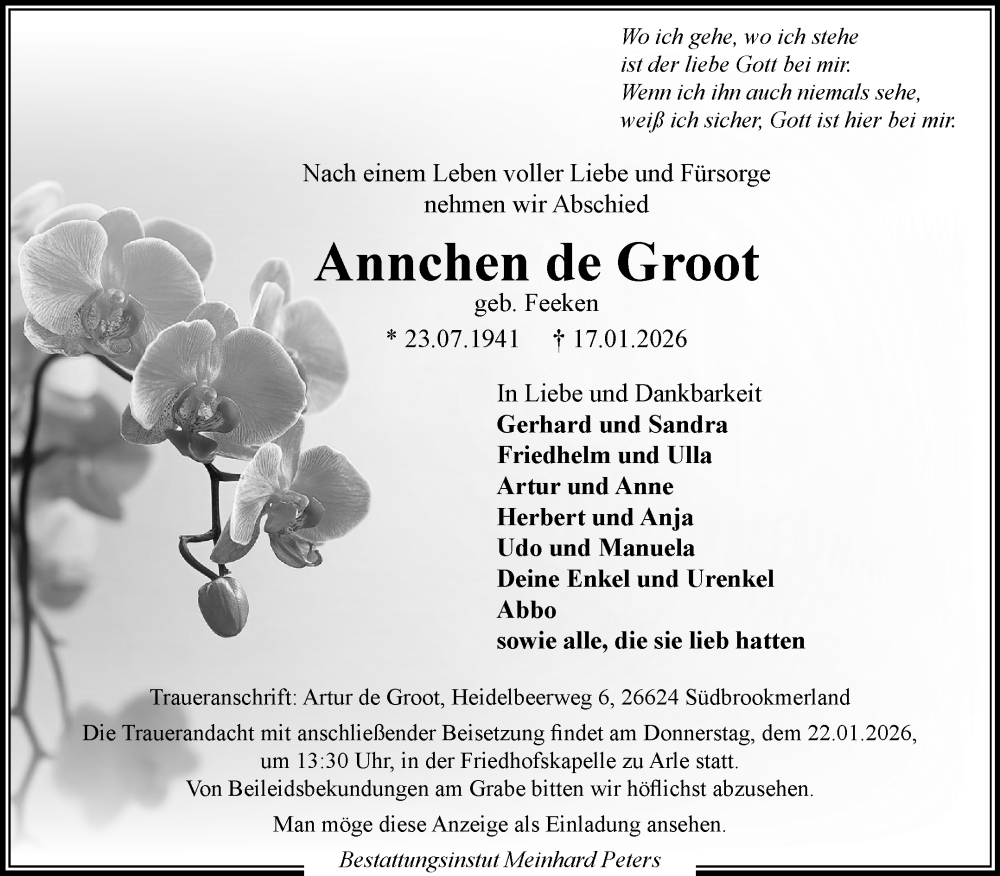  Traueranzeige für Annchen de Groot vom 20.01.2026 aus Ostfriesischer Kurier GmbH