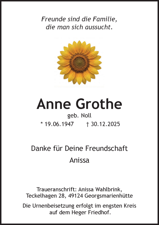 Traueranzeige von Anne Grothe von Neue Osnabrücker Zeitung GmbH & Co. KG