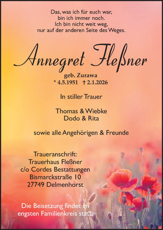 Traueranzeige von Annegret Fleßner von DK Medien GmbH & Co. KG