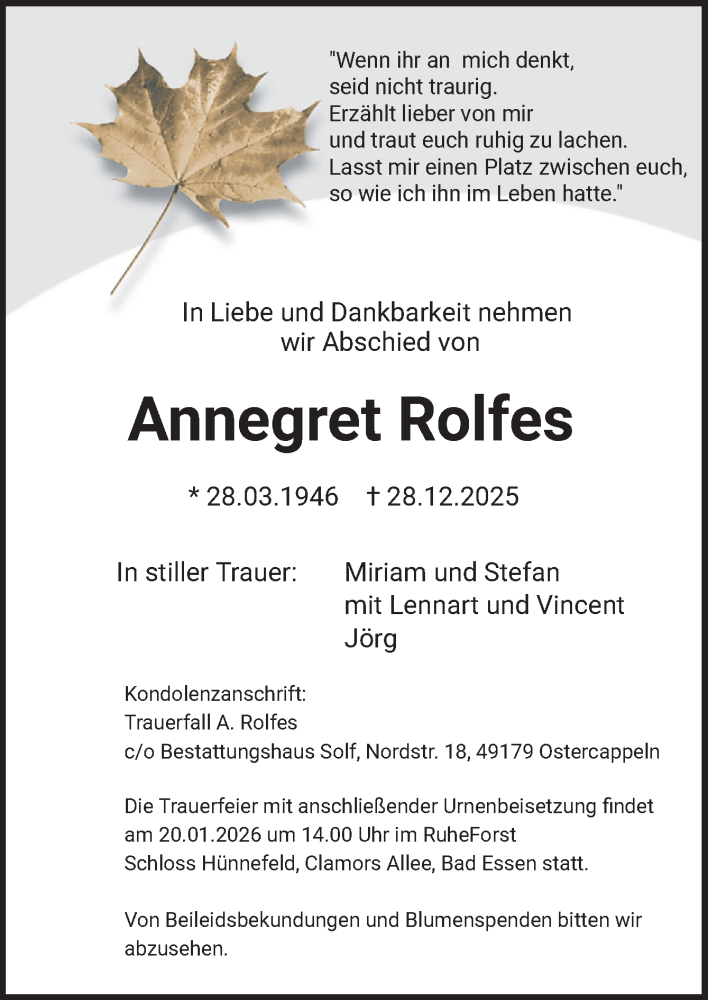  Traueranzeige für Annegret Rolfes vom 03.01.2026 aus Neue Osnabrücker Zeitung GmbH & Co. KG