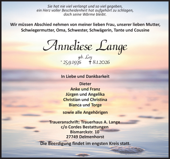Traueranzeige von Anneliese Lange von DK Medien GmbH & Co. KG