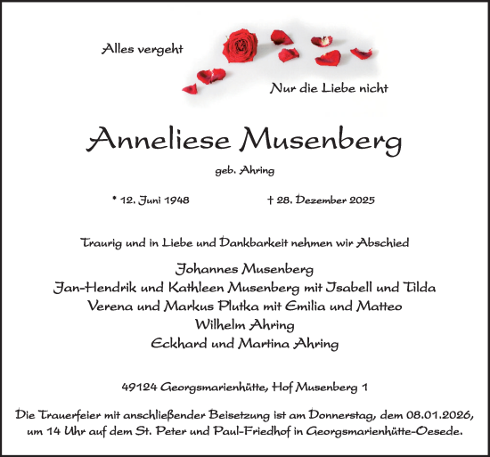 Traueranzeige von Anneliese Musenberg von Neue Osnabrücker Zeitung GmbH & Co. KG