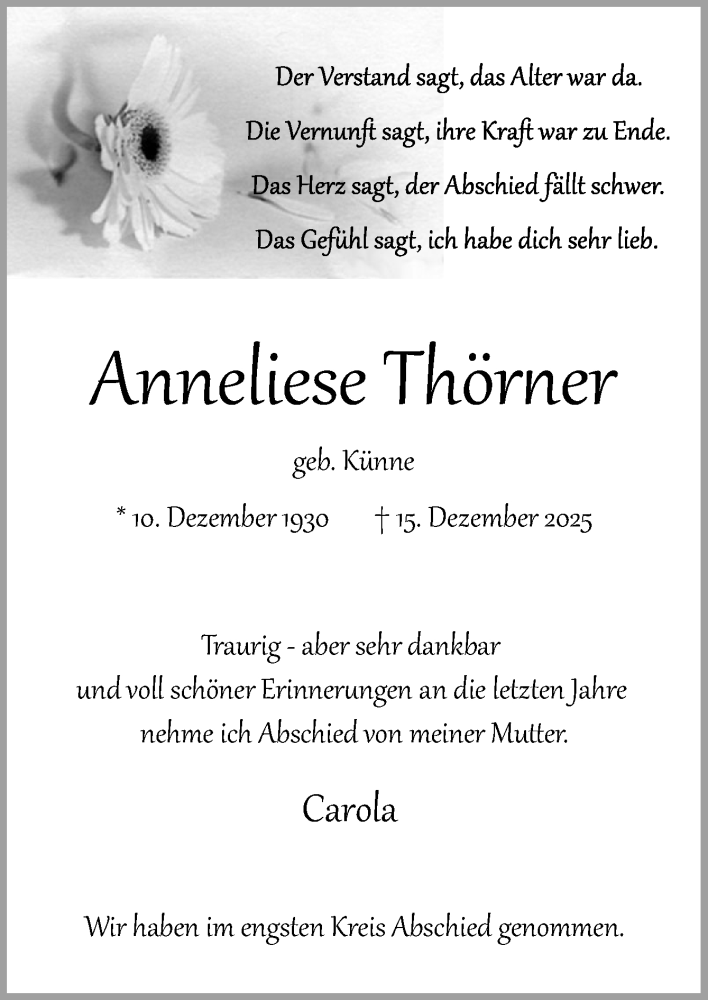  Traueranzeige für Anneliese Thörner vom 03.01.2026 aus Neue Osnabrücker Zeitung GmbH & Co. KG