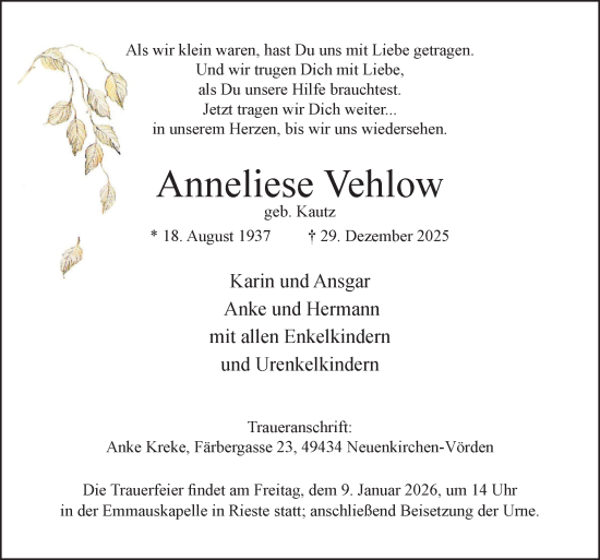 Traueranzeige von Anneliese Vehlow von Neue Osnabrücker Zeitung GmbH & Co. KG