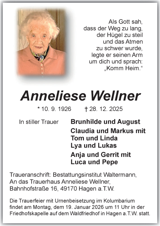 Traueranzeige von Anneliese Wellner von Neue Osnabrücker Zeitung GmbH & Co. KG