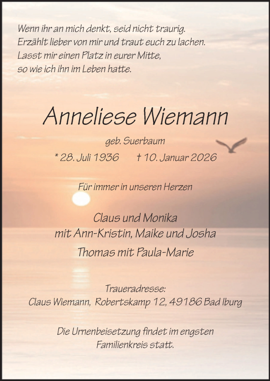 Traueranzeige von Anneliese Wiemann von Neue Osnabrücker Zeitung GmbH & Co. KG