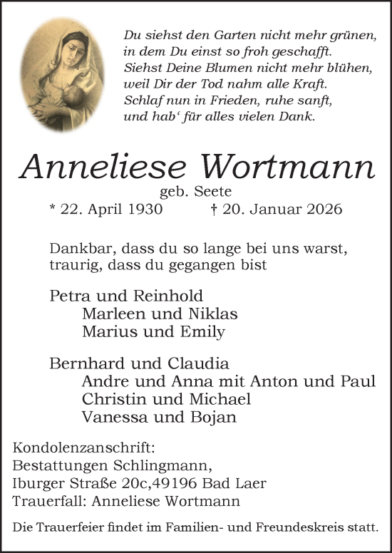 Traueranzeige von Anneliese Wortmann von Neue Osnabrücker Zeitung GmbH & Co. KG