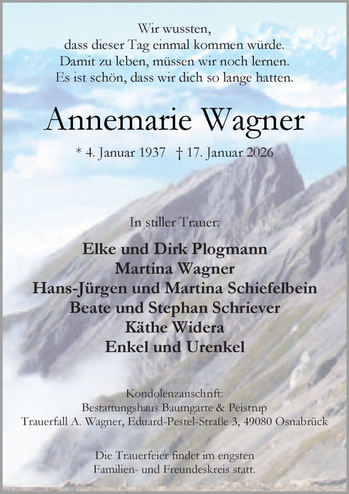  Traueranzeige für Annemarie Wagner vom 24.01.2026 aus Neue Osnabrücker Zeitung GmbH & Co. KG