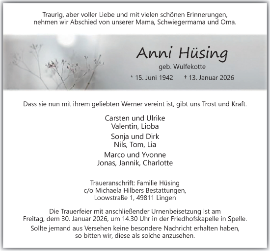 Traueranzeige von Anni Hüsing von Neue Osnabrücker Zeitung GmbH & Co. KG