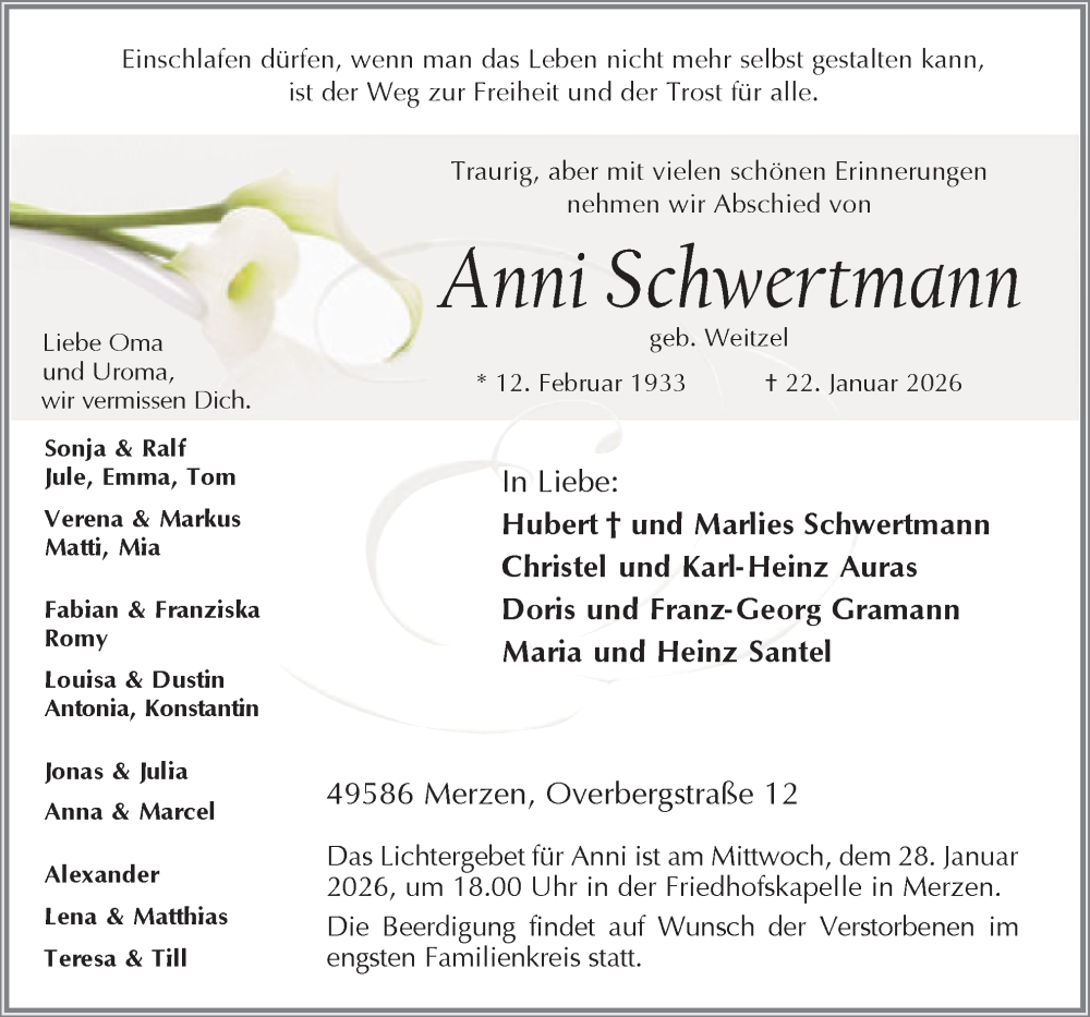  Traueranzeige für Anni Schwertmann vom 26.01.2026 aus Neue Osnabrücker Zeitung GmbH & Co. KG