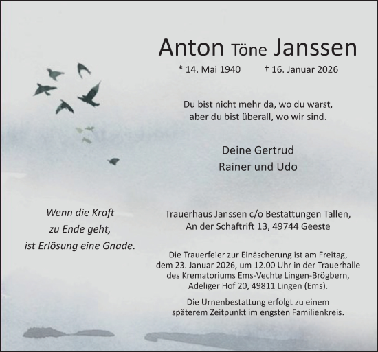 Traueranzeige von Anton Töne Janssen von Neue Osnabrücker Zeitung GmbH & Co. KG