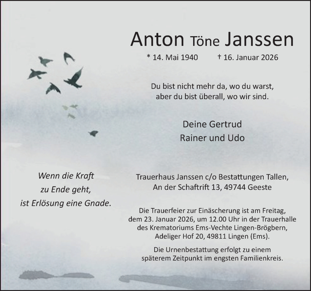  Traueranzeige für Anton Töne Janssen vom 20.01.2026 aus Neue Osnabrücker Zeitung GmbH & Co. KG