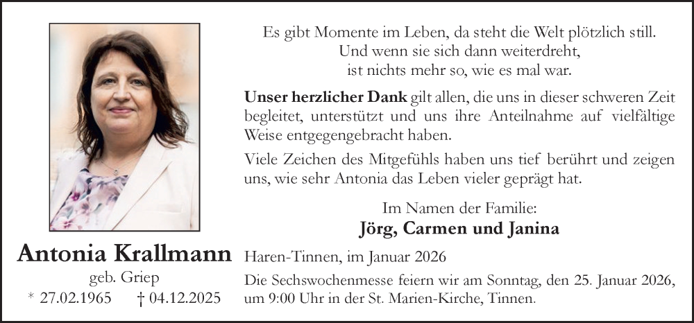  Traueranzeige für Antonia Krallmann vom 21.01.2026 aus Neue Osnabrücker Zeitung GmbH & Co. KG