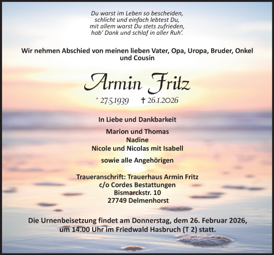 Traueranzeige von Armin Fritz von DK Medien GmbH & Co. KG