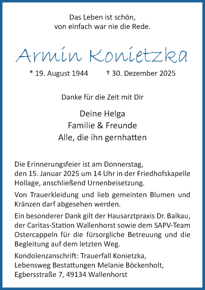  Traueranzeige für Armin Konietzka vom 10.01.2026 aus Neue Osnabrücker Zeitung GmbH & Co. KG