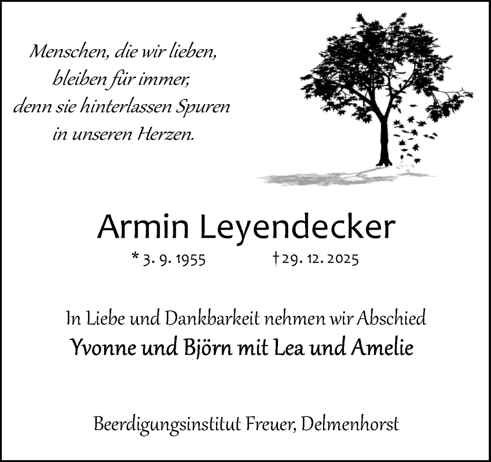  Traueranzeige für Armin Leyendecker vom 10.01.2026 aus DK Medien GmbH & Co. KG