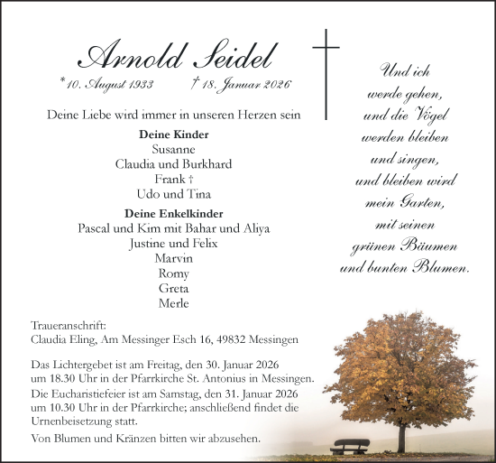 Traueranzeige von Arnold Seidel von Neue Osnabrücker Zeitung GmbH & Co. KG