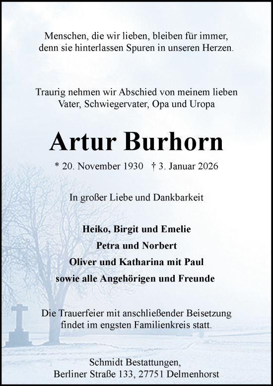 Traueranzeige von Artur Burhorn von DK Medien GmbH & Co. KG