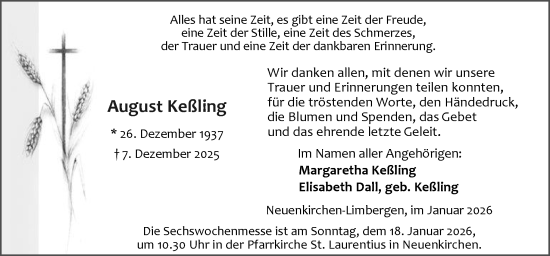 Traueranzeige von August Keßling von Neue Osnabrücker Zeitung GmbH & Co. KG