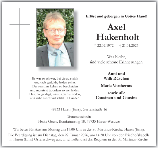 Traueranzeige von Axel Hakenholt von Neue Osnabrücker Zeitung GmbH & Co. KG