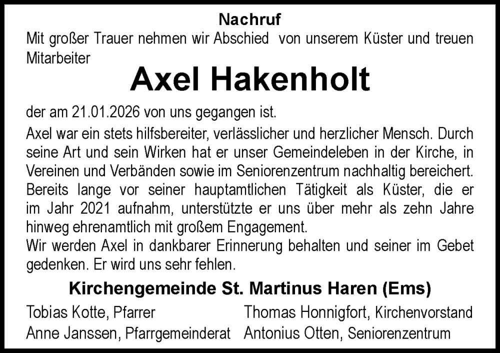  Traueranzeige für Axel Hakenholt vom 27.01.2026 aus Neue Osnabrücker Zeitung GmbH & Co. KG