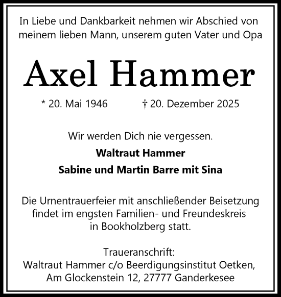 Traueranzeige von Axel Hammer von DK Medien GmbH & Co. KG